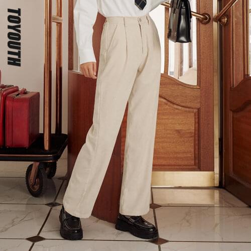 Toyouth Women Trousers 2021 Autumn Winter Corduroy High Waist Straight Wide Leg Pleated Design Casual Vintage Pants