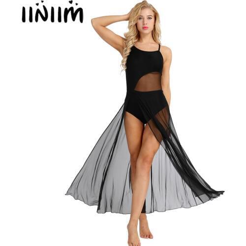 Women Adult Spaghetti Strap Ladies Mesh Maxi Dance Dress with Built-In Gymnastics Leotard Dancewear Cocktail Ballerina Dress