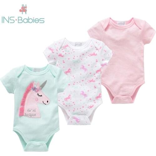 2020 Unicorn newborn baby boys girls Bodysuit short sleeve fashion 3pcs summer baby girls clothes cotton pink Princess pajamas