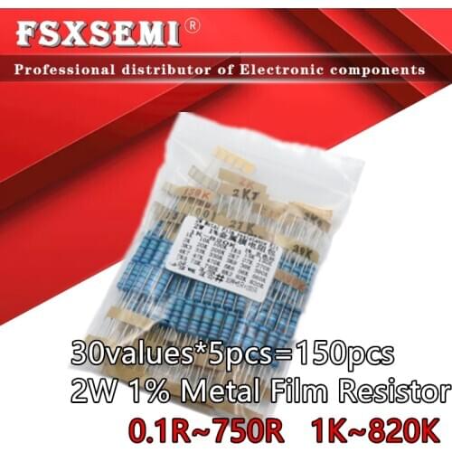 30values*5pcs=150pcs 2W Resistance 1% ( 0.1R ohm ~750R ohm) (1k~820K) Metal Film Resistor Assortment Kit