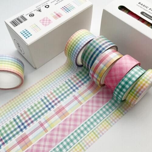 6pcs Basic Pattern Washi Tape Set Rainbow Plaid Stripe Texture Adhesive Paper Masking Tape Decoration Stickers Home DIY Art F019