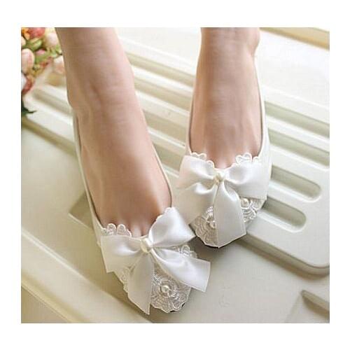 White satin butterfly-knot bridal wedding flats shoes woman pearls ladies flower girls dancing brides plus size wedding shoe