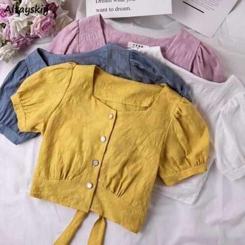 Short Sleeve Shirts Women Solid Square Collar Vintage French Style Sweet Crop Tops Bow Designed Slim Teens Temperament Blouses