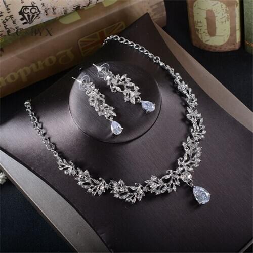 CC bridal jewelry set necklace women drop earring wedding accoriess for brides cubic zircon water drop shape long necklace TL229
