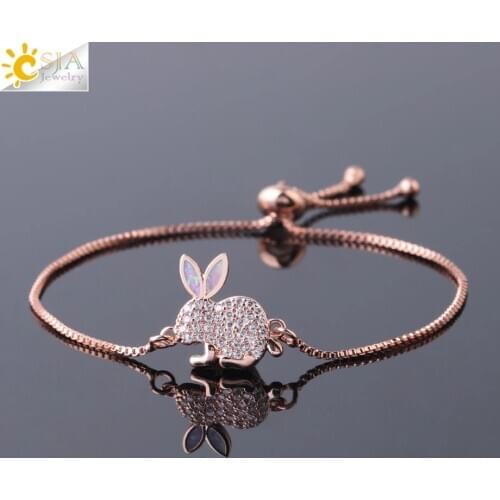 CSJA Lovely Rabbit Charm Bracelet Fire Opal Zircon Thin Link Rose Gold Color Wrist Chain for Women Girl Luxury Chic Jewelry G074