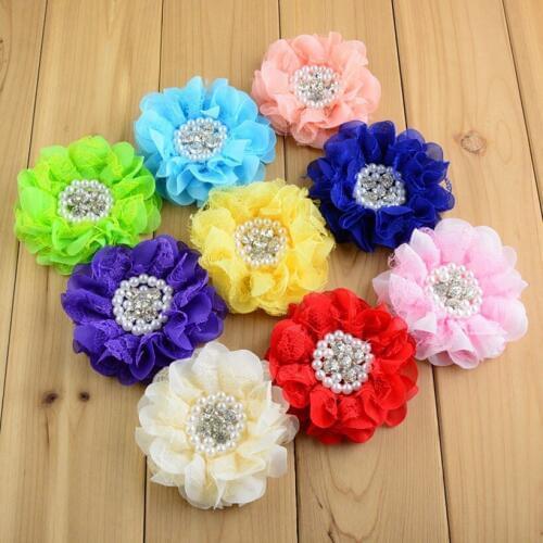 240pcs/lot 3.54" Kids Chiffon Flowers With Rhinestone Center For Girls Hair Headband Accessories Fabric Flower Bulk Supplies