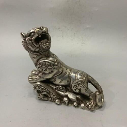 China Cupronickel Folk Fengshui Silver Wild Ferocious Zodiac Year Tiger King Up Hill Statue 1164 G