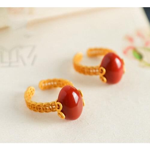 Classic Simple Oval Egg Noodle Southern Red Agate Ring S925 Sterling Silver Gilding Ancient Coin Retro with Opening Ring for Wom