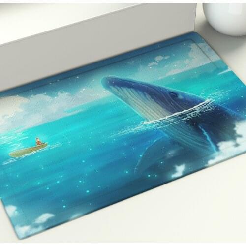 Comic Floor Mat Blue Sky Sea Door Area Rugs Ships Fishermen Whales Kitchen Home Living Bath Decoration Print Carpet