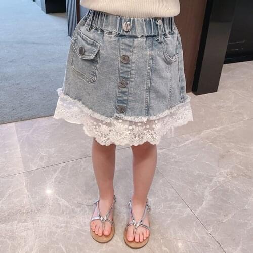Girls Summer Skirts Lace Floral Girls Childrens Denim Skirt Baby Kids Toddler pleated Skirt tutu