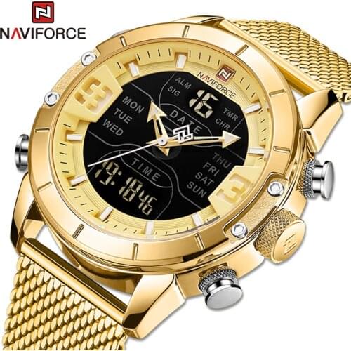 Luxury Brand NAVIFORCE Gold Watches for Men Dual Display Digital Alarm Clock Fashion Stainless Steel Sport Waterproof Wristwatch