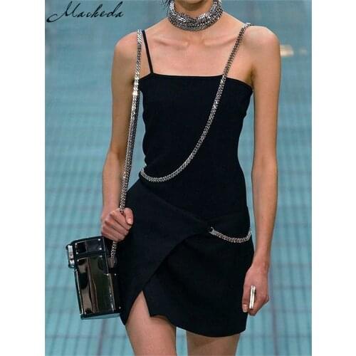 Mahceda Women Autumn Mini Dress Sleeveless Spaghetti Strap Slim Sexy High Waist Solid Dress With Chain Lady Clothes 2019 New