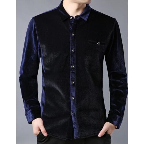 Winter Fall Fashion Men Patchwork Fleece Warm Single Breasted Cardigan Velour Blouse Shirt , Male Man Slim Fit 3xl Velvet Shirts