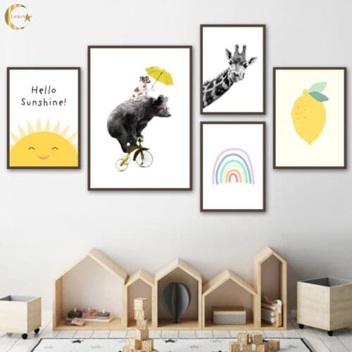 Wall Art Yellow Umbrella Bear Giraffe Lemon Canvas Painting Cartoon Nordic Posters and Prints Picture Childrens Room Decoration