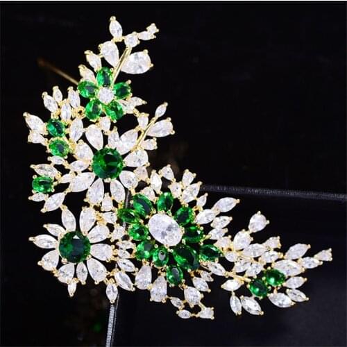 Fall Winter New Flower Cubic Zirconia Brooches Luxury Green Crystal Wedding Brooch Pin Dress Jewelry Accessories Christmas Gift