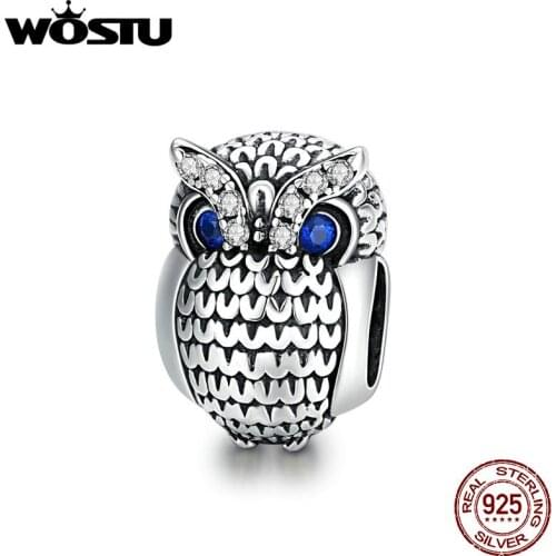 Wostu 925 Sterling Silver Shining Owl Oxidized silver Original Charm for Brand DIY Jewelry DIY Make women Girl gift DXC1607