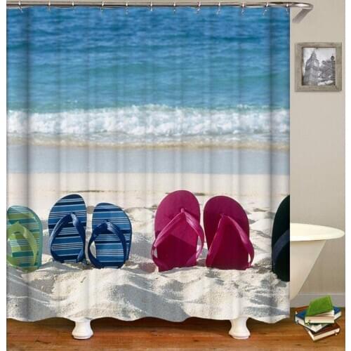 Blue sea water white spray beach color slippers wear-resistant waterproof quick-drying bathroom shower curtain