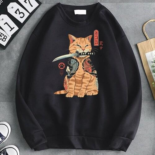 Ninja Cat Print Sweatshirt Mens Hoodie Casual Loose Pocket Pullover Fashion Hip Hop Korean Wave Hooded Streetwear Mens Hoodie