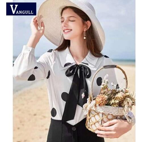 Vangull Office Lady T-shirt Casual Elegant Lapel Single-Breasted Spotted Blouse 2021 Spring And Summer New Famele Shirt