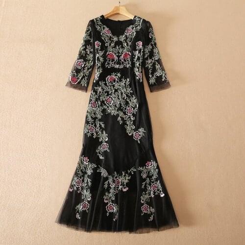 European and American womens wear for spring 2021 Seven-quarter sleeve V neck mesh heavy embroidery Fashionable fishtail dress