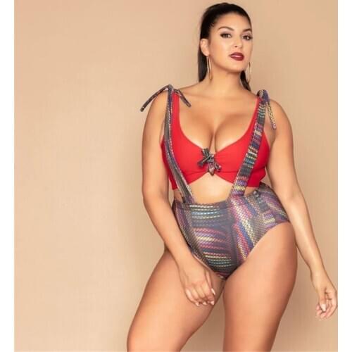 Two Pieces Plus Size Swimsuit Women High Waist Swimwear Push Up 2020 Summer Beach Bath Suits Female Slimming Monokini for Curve