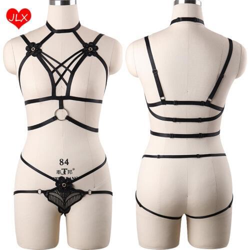 Women Flowers Lace Body Harness Set Goth Crop Top Harness Bra + Lace G-string Punk Fetish Bustier Bondage Lingerie