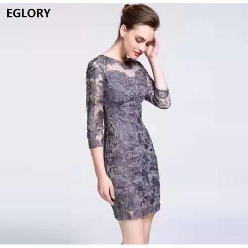 XXXL Dress Vestidos 2020 Spring Party Cocktail Women O-Neck Allover Exquisite Embroidery 3/4 Sleeve Bodycon Grey Rose Red Dress