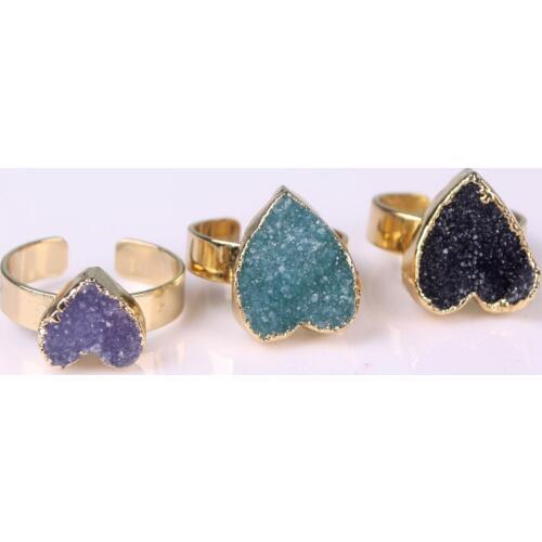 Druzy New Hot Sale Golden Ring Jewelry Fashion Lovely Heartz Charm Woman Anniversary Stone Lady High Quality Crystal Drusy Ring