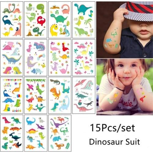 15Pcs/Set Lovely Dinosaur Water Transfer Waterproof Temporary Tattoo Stickers For Kids Girl Children Girl Gift Fake Tattoo