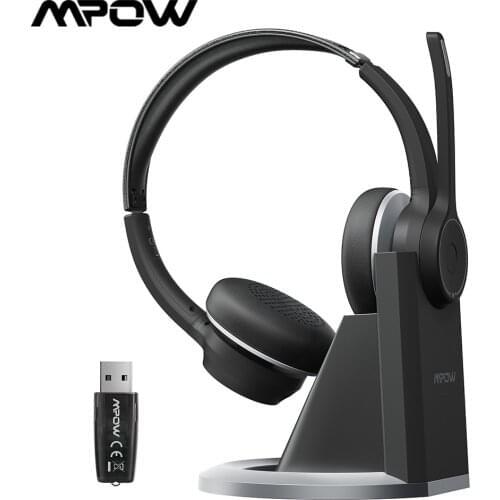 Mpow HC5 Pro Wireless Office Headsets with Charge Base Bluetooth 5.0 Headphone Dual CVC 8.0 Noise-Cancelling Mic for Call Center