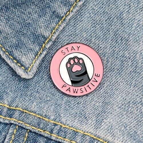 Stay Pawsitive Pink Cat Paw Cartoon Cowboy Brooch Enamel Pins Metal Broches for Women Badge Pines Metalicos Brosche Accessories