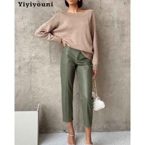 Yiyiyouni High Waisted PU Leather Pants Women Casual Zipper-Up Straight Leather Trousers Women Black White Pockets Pants Female