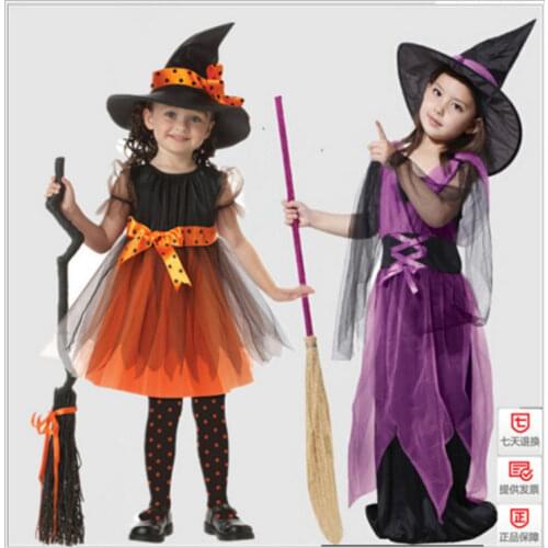 Children Girls Halloween Cosplay Witch Costume Teens Baby Girl Gown Infant Witch Dress Clothing Set Hat Pumpkin Bag Pantyhose