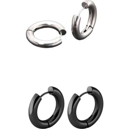 1 double Stay 2 Double Steel Ring Earrings, Black, Silver-Hole On the Ears Women Men Unisex
