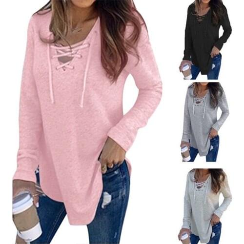 Long Sleeve Basic T shirts Women Deep V-Neck Bandage Lace Up Tops Sexy Tees Female Spring Autumn Fashion tshirts clothing women