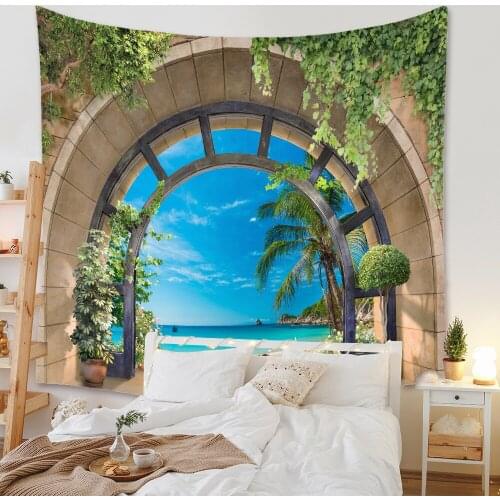 Window Landscape Printing Tapestry Nordic Ins Style Home Decor Wall Fabric Hanging Bedside Background Wall Cloth Decoration