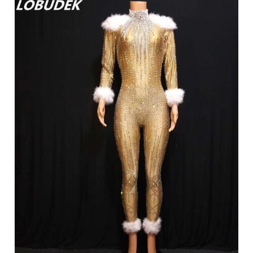 Champagne Gold Rhinestones Feathers Jumpsuit Women Leotard Elastic Long Sleeve Skinny Rompers Nightclub Singer Bar Party Costume