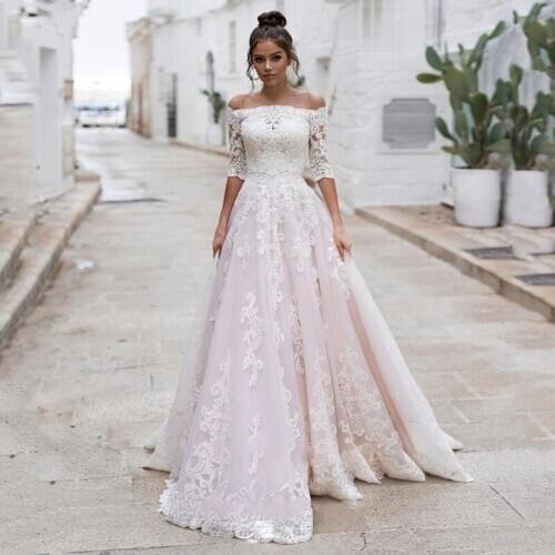 Boat Neck Off Shoulder Half Sleeve Ivory Lace Appliques Light Pink Tulle Boho A-Line Wedding Dress 2020 Vestido De Noiva