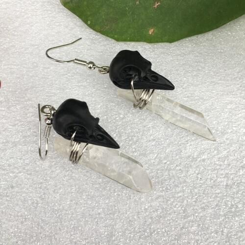 Mini Black Raven Skull with Quartz Earrings Skull Crystal Earrings - Goth Witch Bone Raven Crow