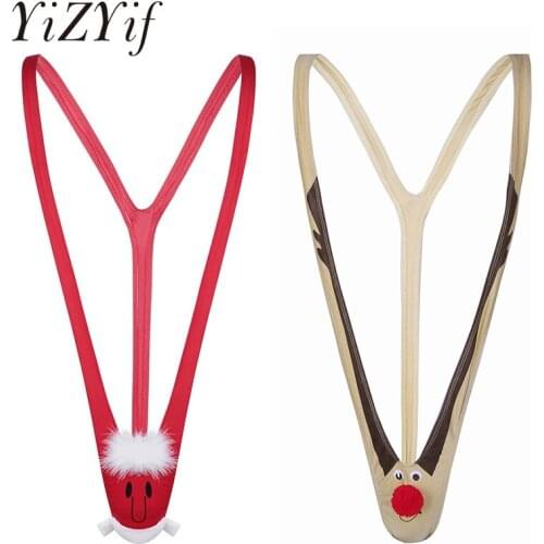 Mens Bikini Thong Underwear One-piece Christmas Pattern Mankini Thong Bodysuits Novelty Costume Underwear for Gag & Pranks Gifts