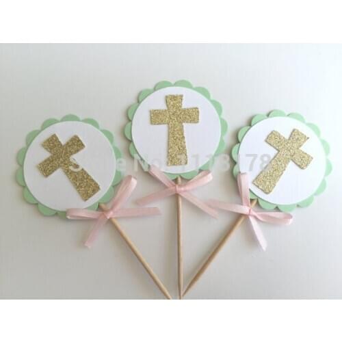 MINT & Gold Baptism Cupcake Toppers. First Communion, Confirmation, Christening wedding party cake topper