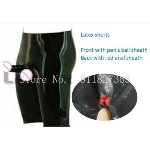 New Latex Boxer Shorts with Anatomical anal Condom and Penis Sheath Rubber panties Ball Sheath Underwear Underpants plus size