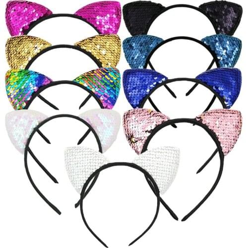 Children Party Accessories Cat Sequins Ears Hair Band For Girls Bling Bling Hairbands Masquerade Headwear Bandeau