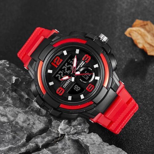 OHSEN digital Quartz Men wristwatch Stopwatch LED Dual time Red Silicone Watch 50M Diving military Alarm clock relogio masculino
