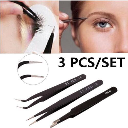 3 Pcs/set Makeup Beauty Stainless Steel Straight Curved Eyelash Tweezer Black Fine Tip Set Nipper Pointed Repair Tool Eye Lashes