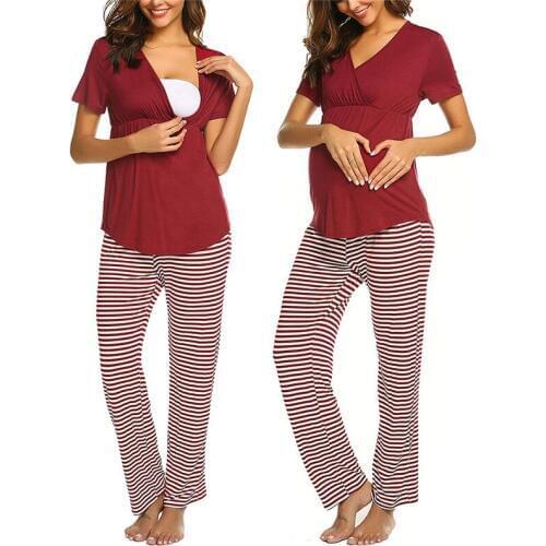 Maternity Nursing Pajamas Set Breastfeeding Nightgown Clothes Set 2020 New Striped Pregnant Women Nightwear Sleepwear Tops+Pant