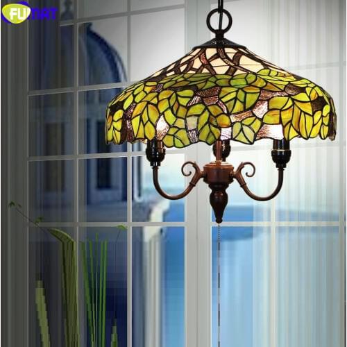 FUMAT Tiffany Pendant Lamps Stained Glass Light E27 European Style Handcraft Wisteria Arts Maple Leaf Hanging Fixture Home Decor