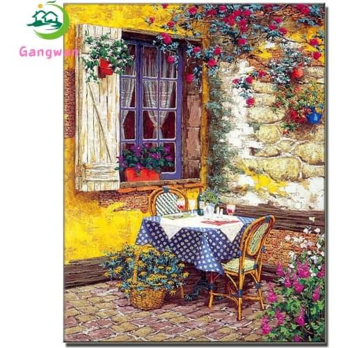 Full Square Embroidery European style retro garden with windows Diy Diamond Painting Cross Stitch Full Drill Mosaic dining table