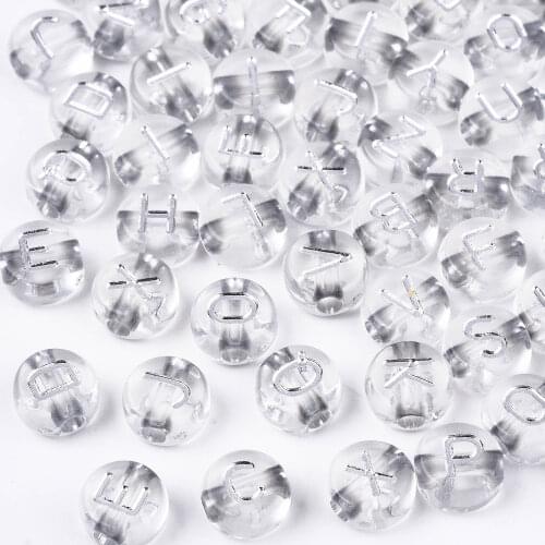 500g Transparent Clear Acrylic Beads Metal Enlaced Flat Round with White Random Letter 7x4mm Hole: 1.8mm about 3600~3700pcs/500g