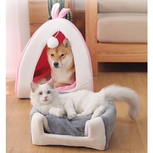 Cute Foldable Cat Dog House Warm Soft Winter Cotton Pet Dog Cat Bed Kennel Fleece Cozy Nest For Cat Dogs S-XL Pet Supplies